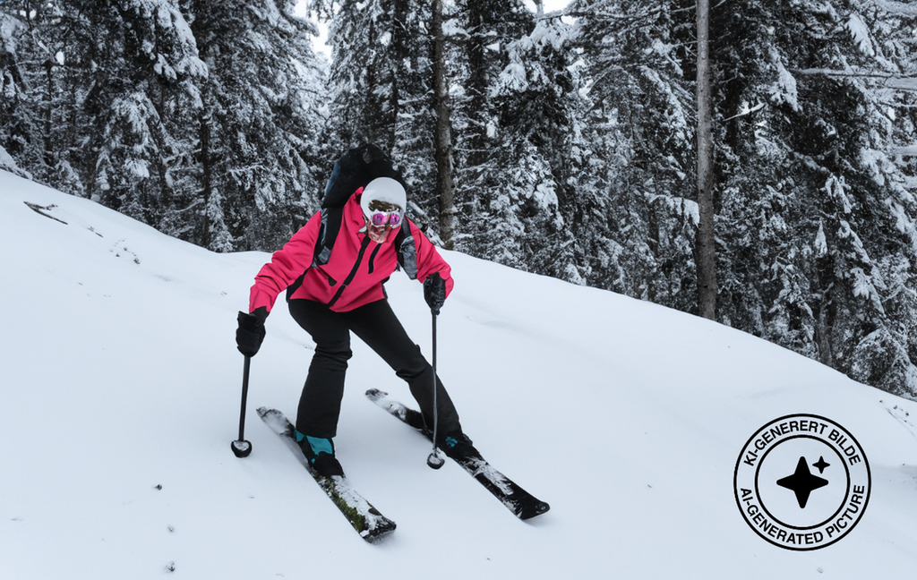 Skikjører sklir nedover, en granskog vises i bakgrunnen. Ansiktet er deformert, sekken henger ikke helt riktig på ryggen, vottene er klumpete, og skisko og ski er ulike og ikke riktig framstilt. KI-foto.