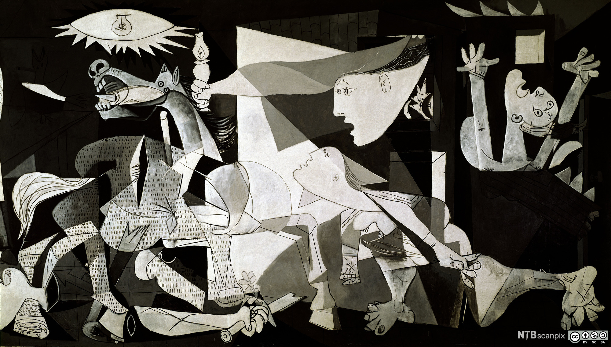 Lysglimt, mennesker og dyr i et nifst kaos. Maleri.