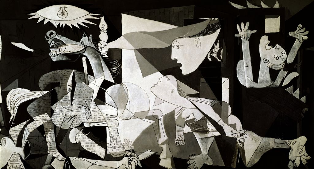 Symbolsk framstilling av bombinga av byen Guernica under den spanske borgarkrigen. Måleri.