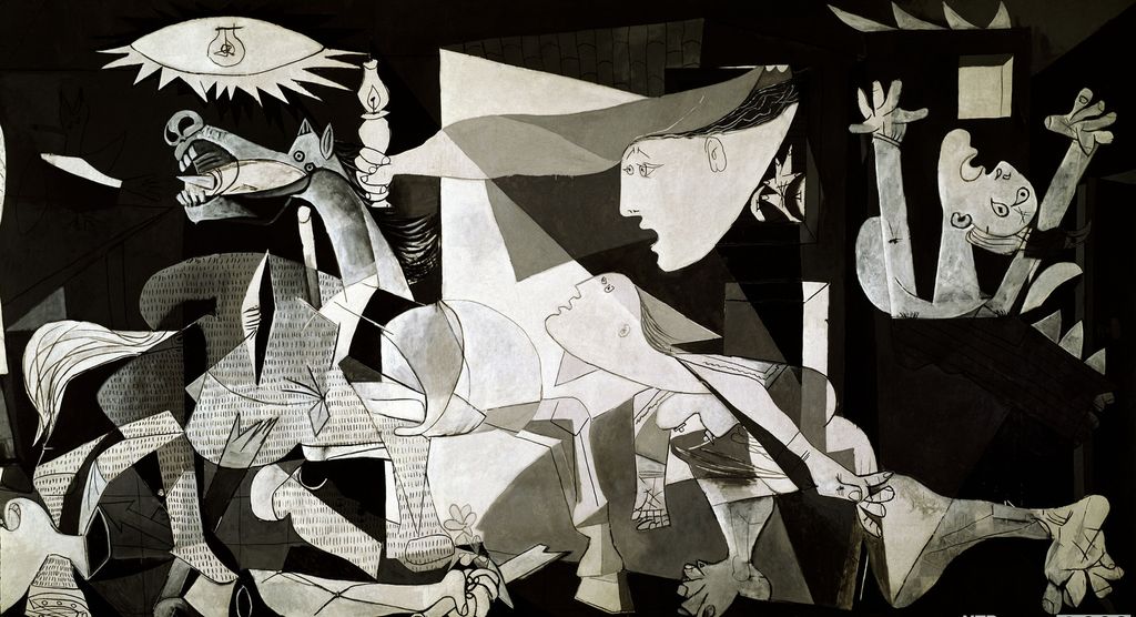 Symbolsk framstilling av bombinga av byen Guernica under den spanske borgerkrigen. Maleri.