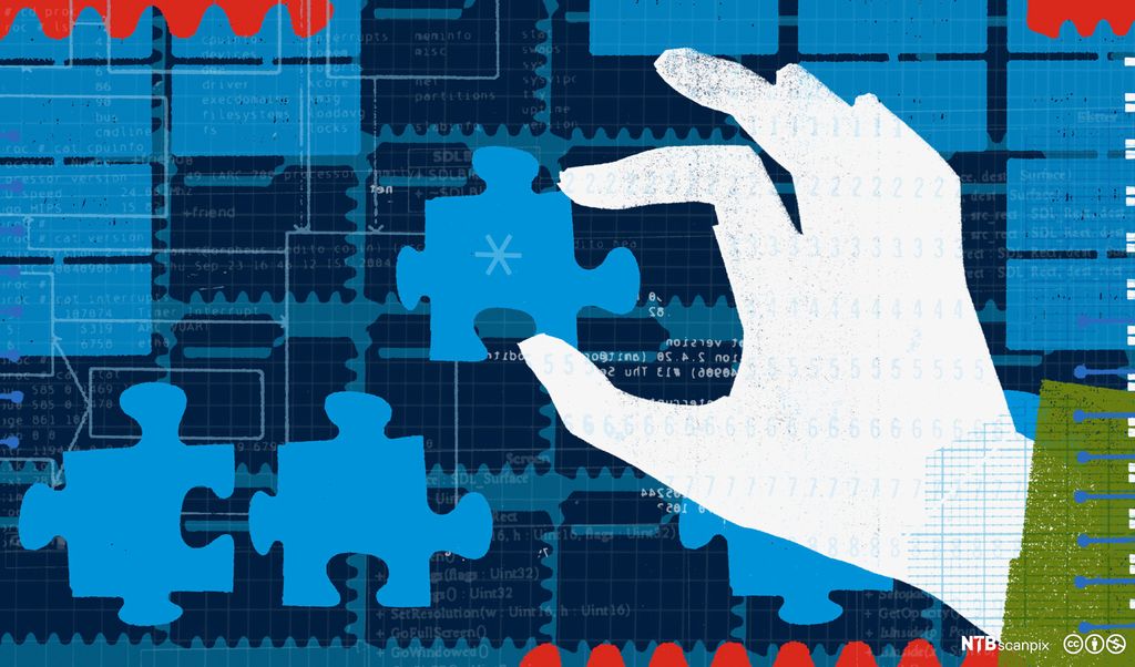 Hånd som holder en puslebit. Illustrasjon.