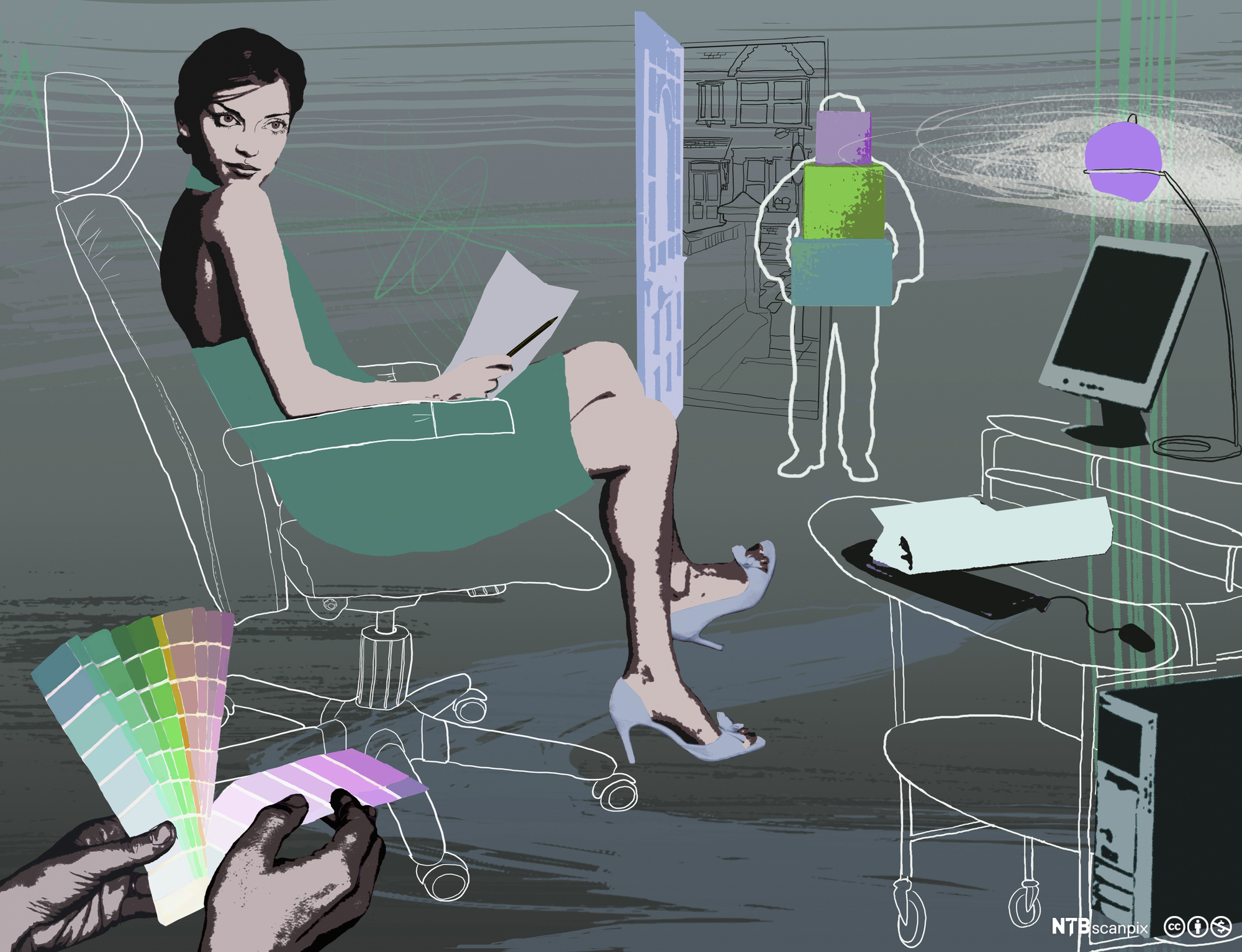 En kvinne sitter i en stol foran en PC. Noen holder opp en fargevifte i forgrunnen. Illustrasjon.