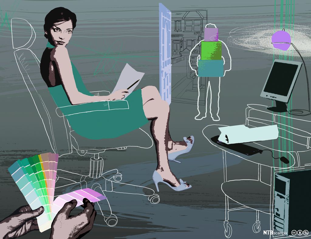 Illustrasjon som viser ein designar i studioet sitt. Foto.