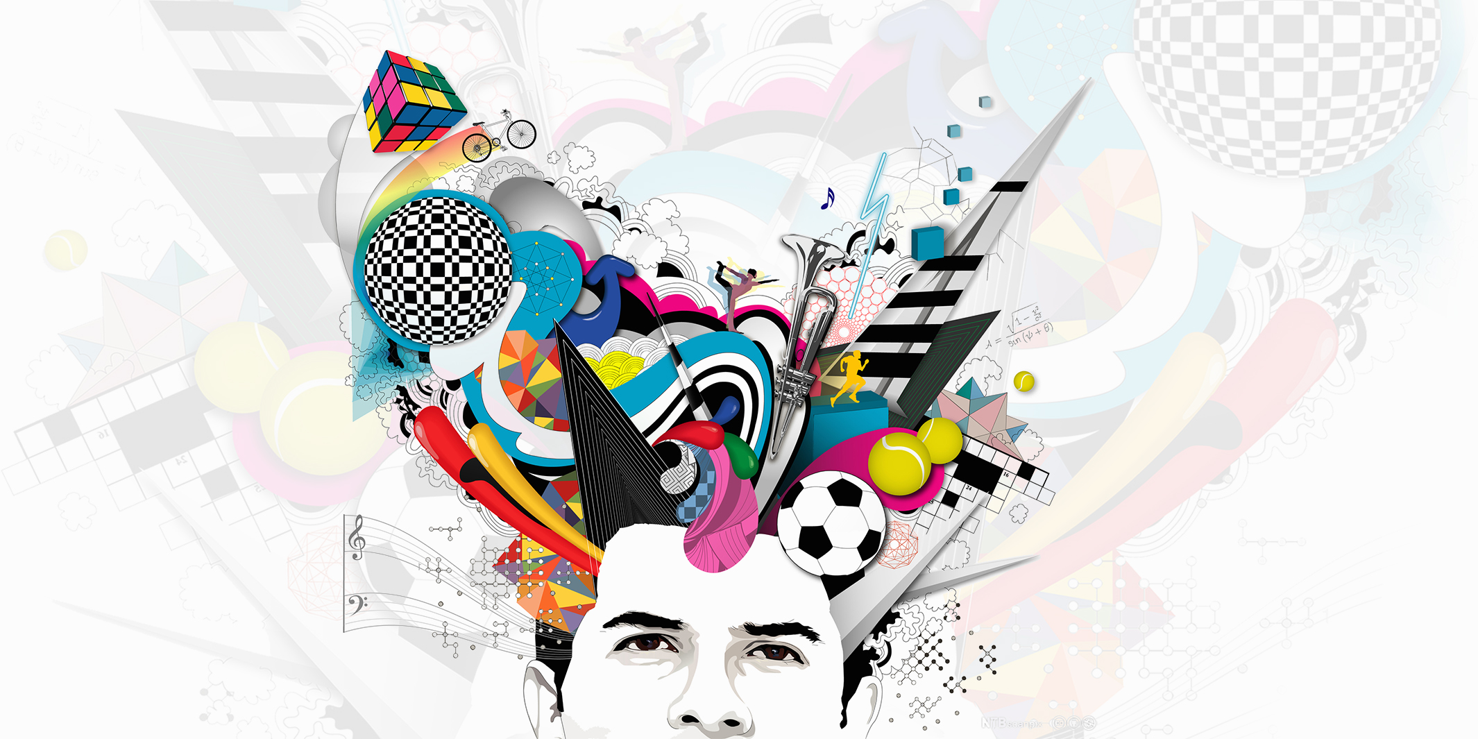 Kollasj som viser eit nærbilete av hovudet på ein mann. Ut av hovudet hans sprett det bokstavleg talt det han tenkjer på, mellom anna ein fotball, tennisballar, musikkinstrument, ein sykkel, ein ballettdansar og eit kryssord. 