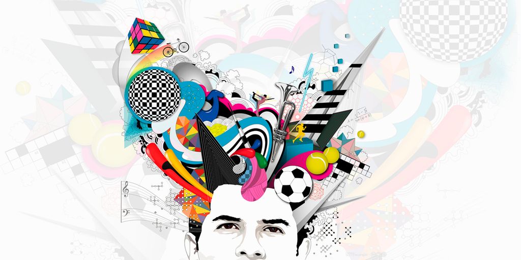 En person med mange ideer som strømmer ut av hodet. Illustrasjon.