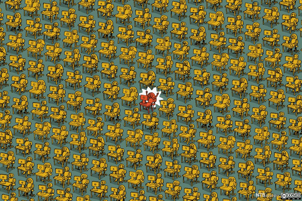 Én jublende student blant mange triste studenter som sitter i en stor sal med pulter og pc-er framfor seg. Illustrasjon.