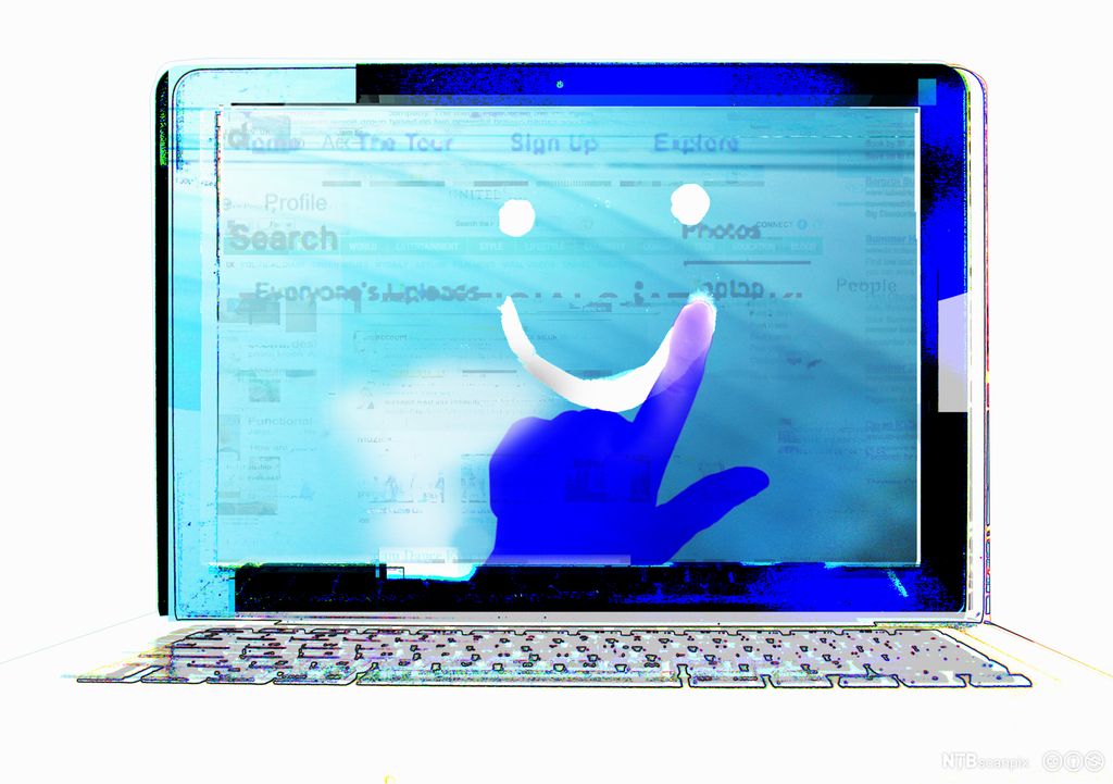 En finger tegner et smilefjes over en skjerm med søkefelt. Illustrasjon.