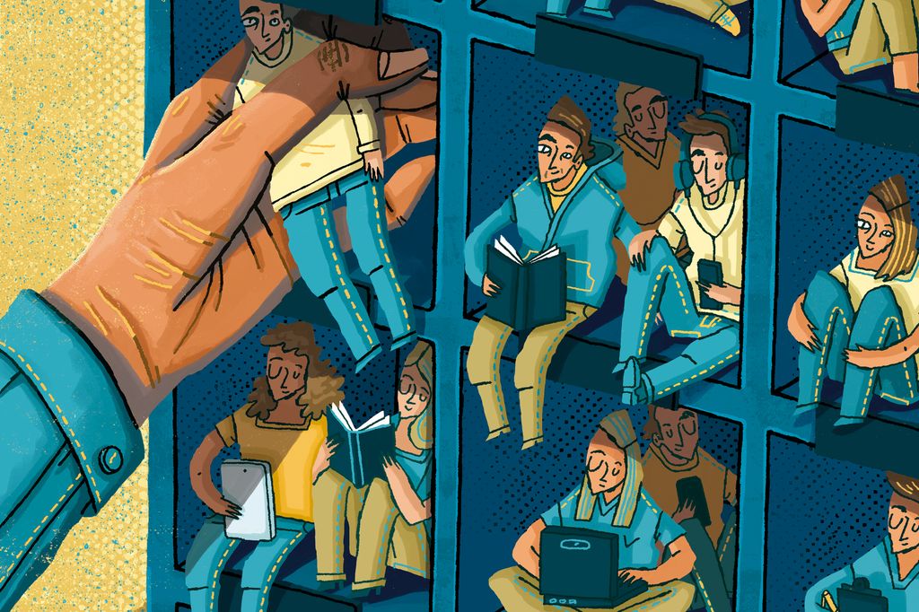 Illustrasjon av en hånd som putter mennesker i bås.