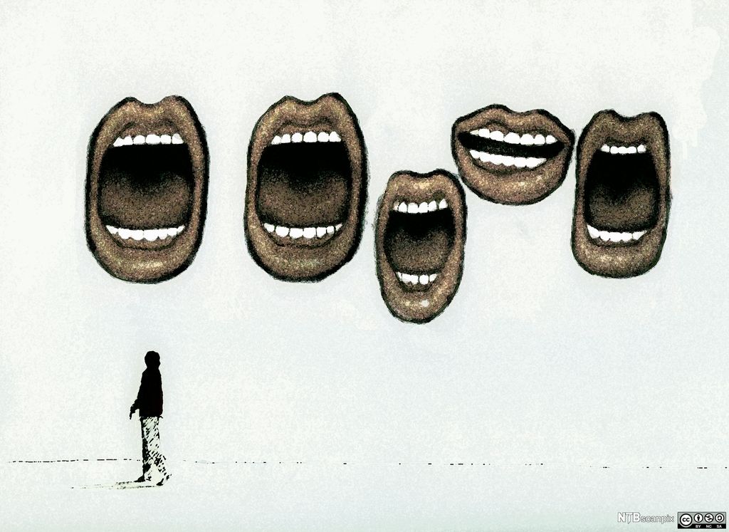 Big mouths talking to a person. Illustration.