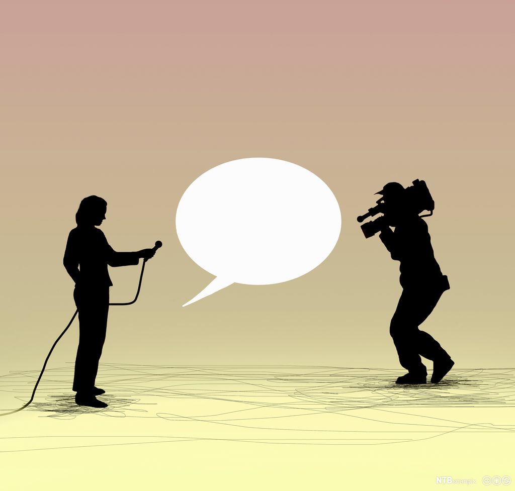 Silhuettar av ein person med mikrofon og ein kameramann. Mellom dei er det ei snakkeboble. Illustrasjon.