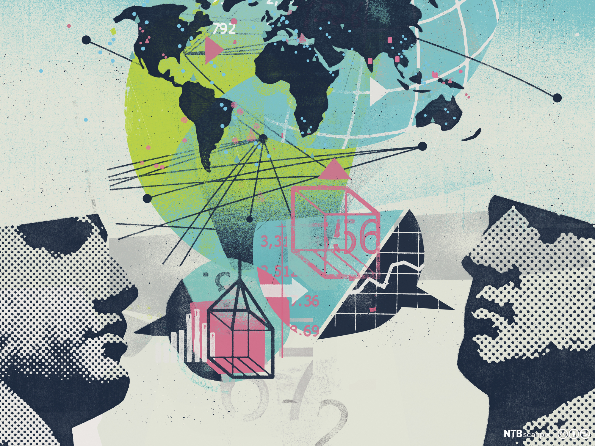 Menn snakker under en globus. Kollasj.