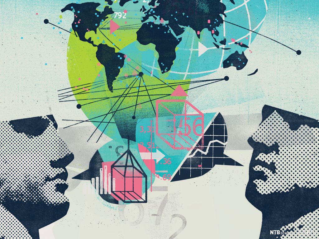 Menn snakker under en globe. Kollasj.