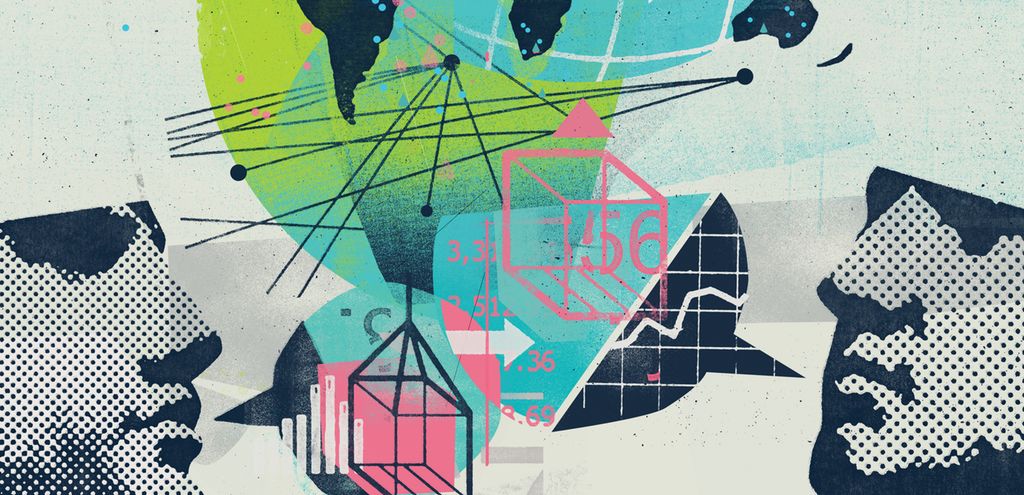 Menn snakker under en globus. Kollasj.