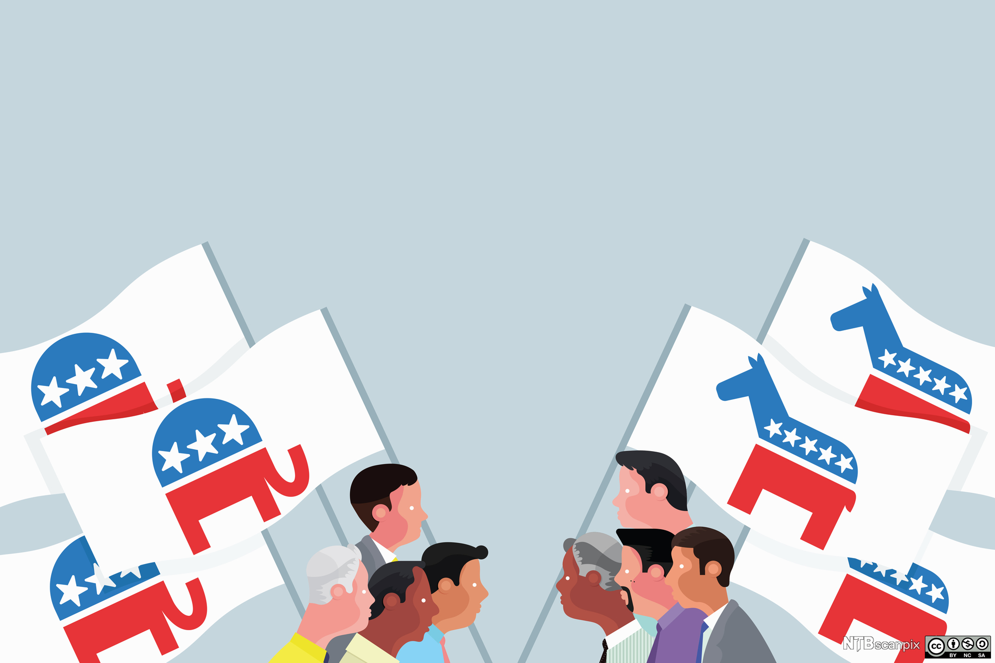 Republican and Democrat campaigners carrying flags with donkey and elephant symbols