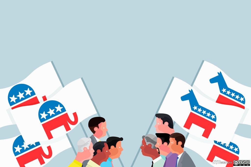 Republican and Democrat campaigners carrying flags with donkey and elephant symbols. Illustration.
