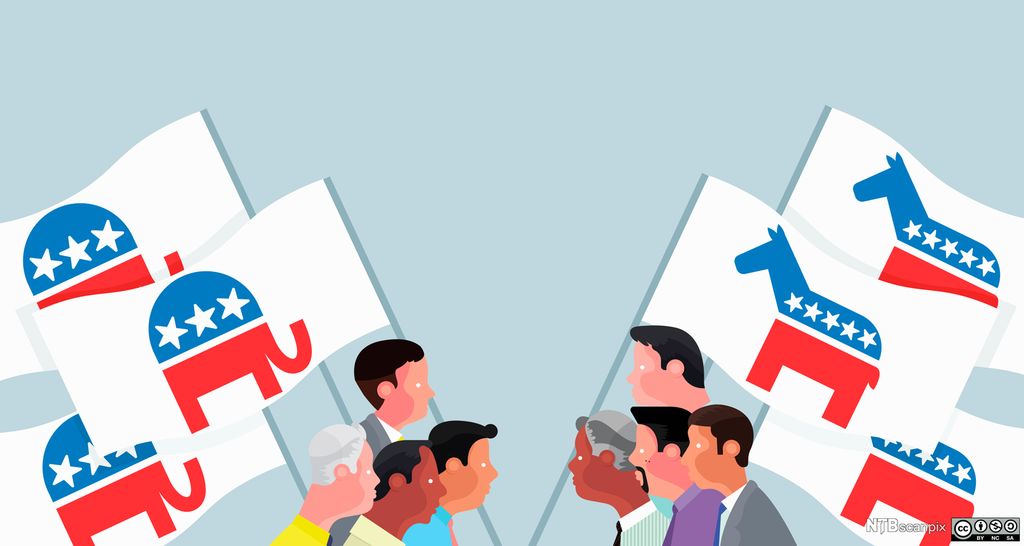Republican and Democrat campaigners carrying flags with donkey and elephant symbols are facing each other, staring at each other. Illustration.