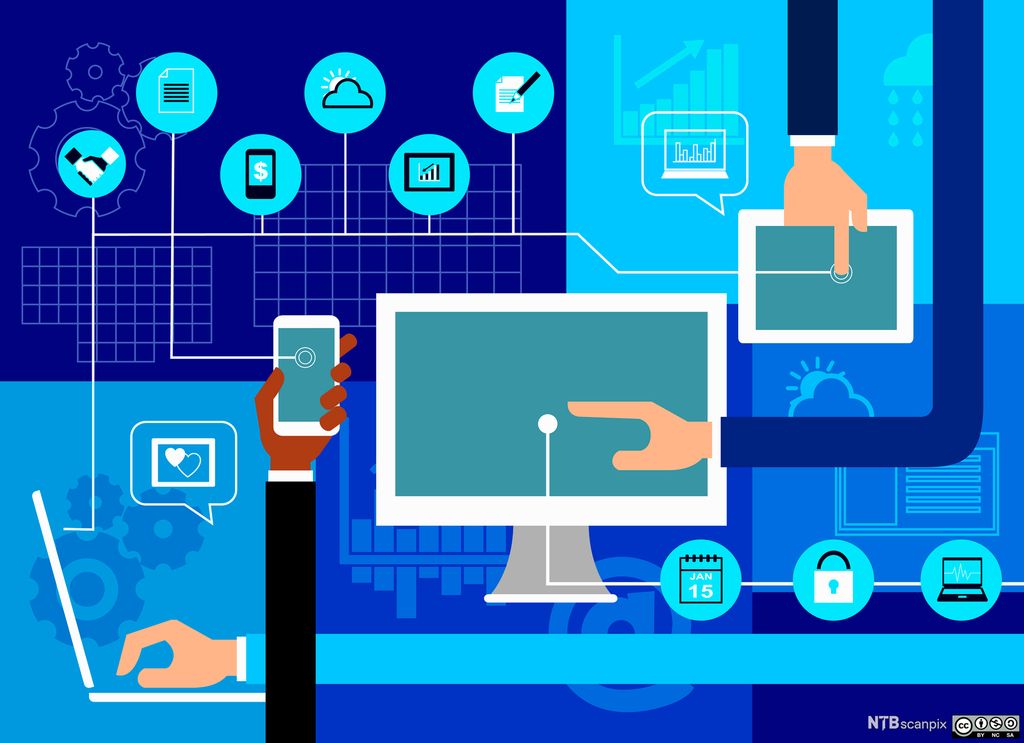 Hender som strekker seg mot ulike digitale skjermer. Illustrasjon. 