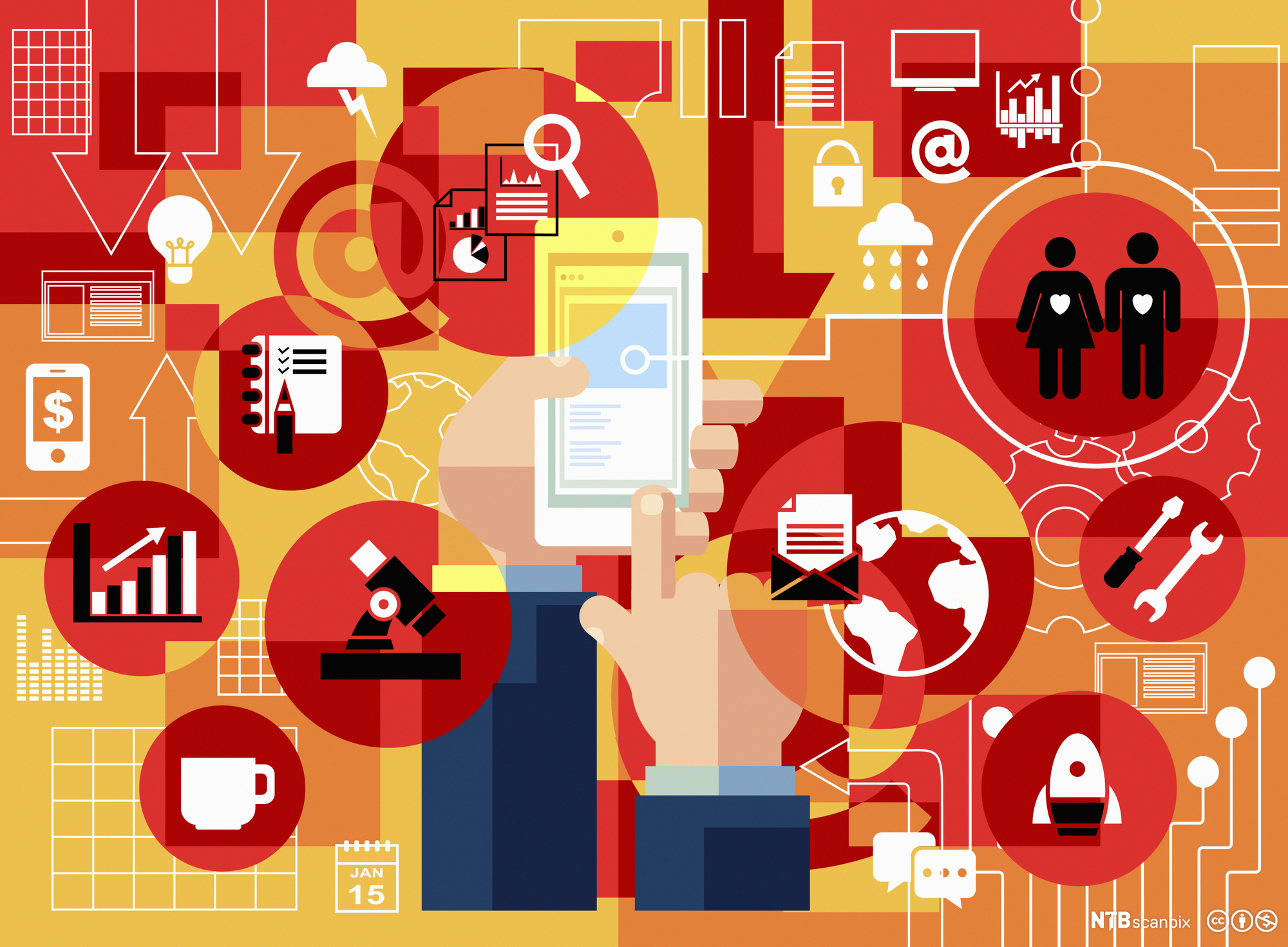 Hender med ein smarttelefon. Symbol og ikon rundt omkring, mellom anna ein kaffekopp, ein rakett, eit mikroskop, eit søylediagram, ei lyspære, ei regnsky, ein krøllalfa, ein open konvolutt, ein hengjelås, ein mann- og damefigur, ein fastnøkkel og eit skrujern, tannhjul, ein jordklode. Grafikk.