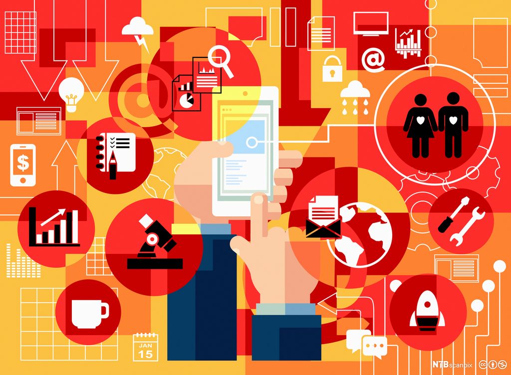 Hender med mobil og ulike symbol spreidde rundt omkring: kaffikopp, stolpediagram, mikroskop, notatblokk, kalender, snakkebobler, brev, jordklode, rakett, fastnøkkel, skrujern, mann og kvinne med hjarte, sky med regn, lyspære, krøllalfa, fleire piler. Illustrasjon.