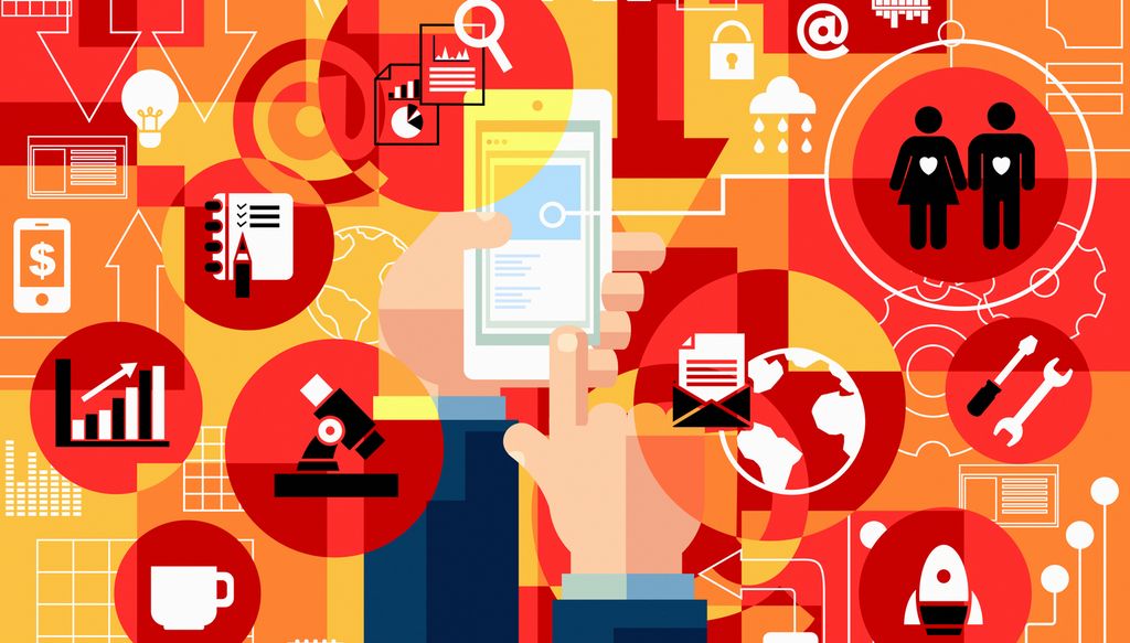 Hender med en smarttelefon. Symboler og ikoner rundt omkring, blant annet en kaffekopp, en rakett, et mikroskop, et søylediagram, en lyspære, en regnsky, en krøllalfa, en åpen konvolutt, en hengelås, en mann- og damefigur, en fastnøkkel og et skrujern, tannhjul, en jordklode. Grafikk.