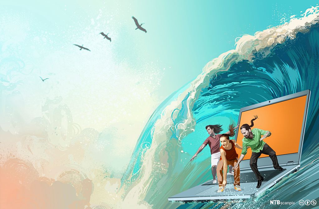 Tre ungdommer surfer en laptop på en bølge. Illustrasjon.