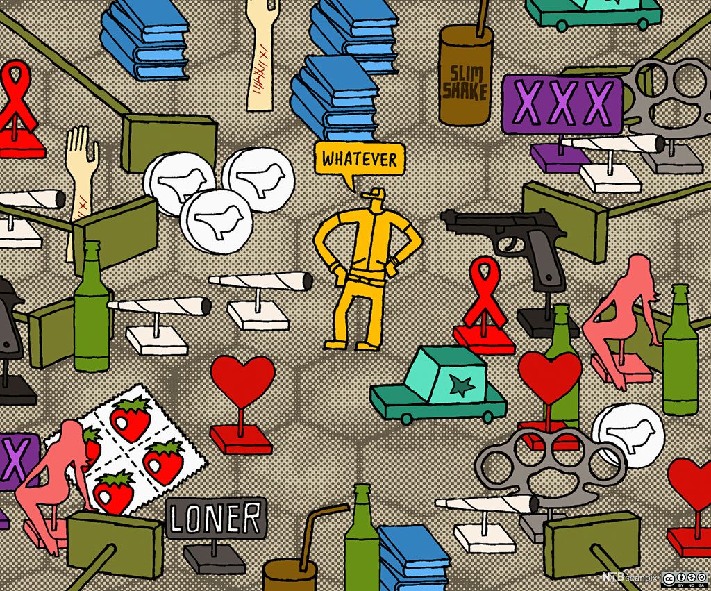 En person omgitt av informasjon. Illustrasjon.