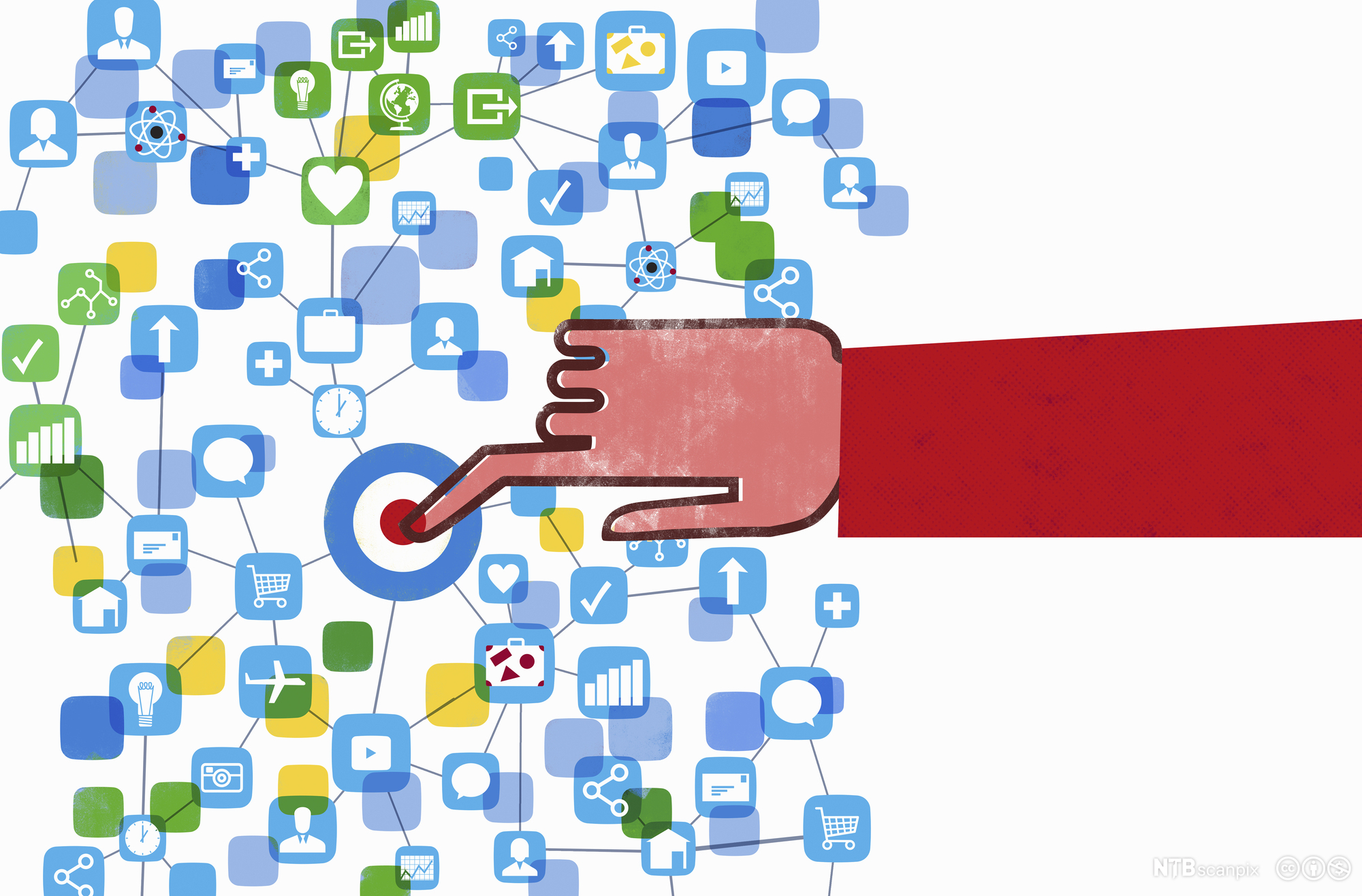 Ei hånd trykker på en knapp som ser ut som en blink. Rundt knappen er det mange små ulike ikoner, for eksempel et hjerte, et fly, ei klokke, et brev, et hus, en snakkeboble, ei lyspære. Illustrasjon.