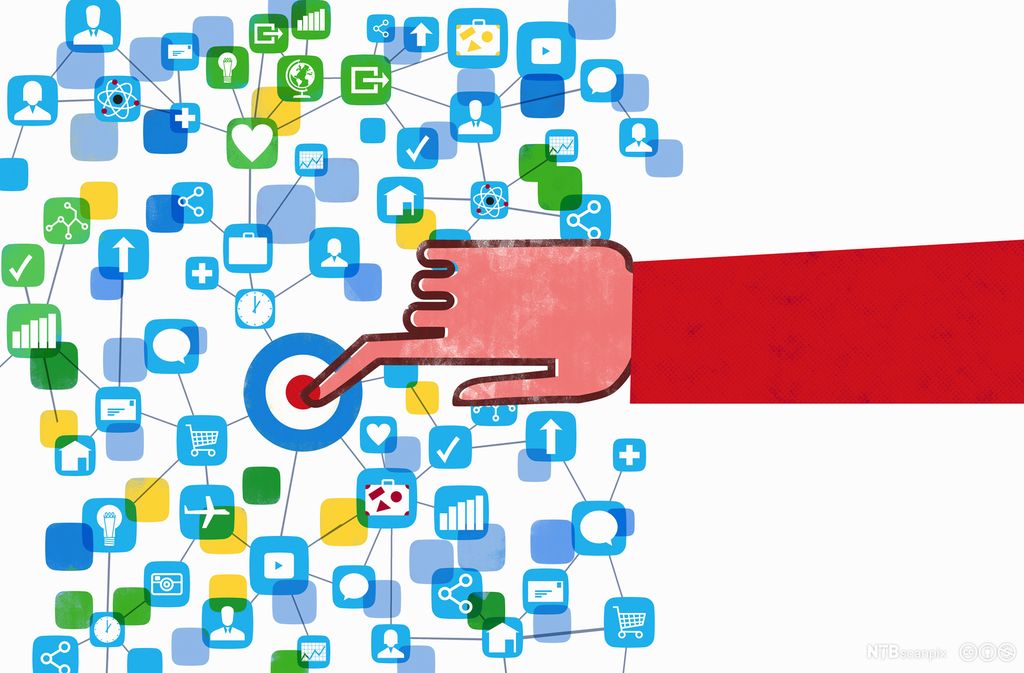 Hånd som navigerer på nett. Den trykker på en rød knapp i sentrum av et nettverk av ikoner, blant annet hjerter, piler, personer, snakkebobler, handlevogner og andre ikoner ofte brukt på internett. Illustrasjon. 