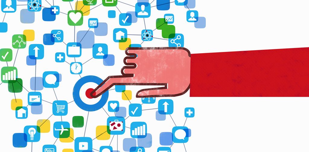 Ei hånd trykker på en knapp som ser ut som en blink. Rundt knappen er det mange små ulike ikoner, for eksempel et hjerte, et fly, ei klokke, et brev, et hus, en snakkeboble, ei lyspære. Illustrasjon.