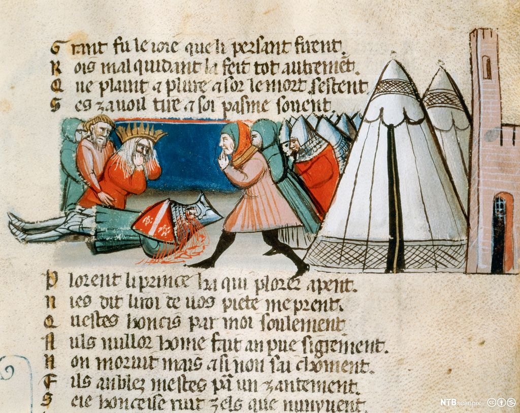 Gammel bokillustrasjon som viser Karl den store som sørger over den døde Roland. Illustrasjon.