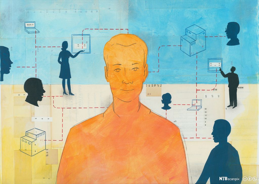 Illustrasjon som viser en mann som kommuniserer med andre personer gjennom elektroniske nettverk. 