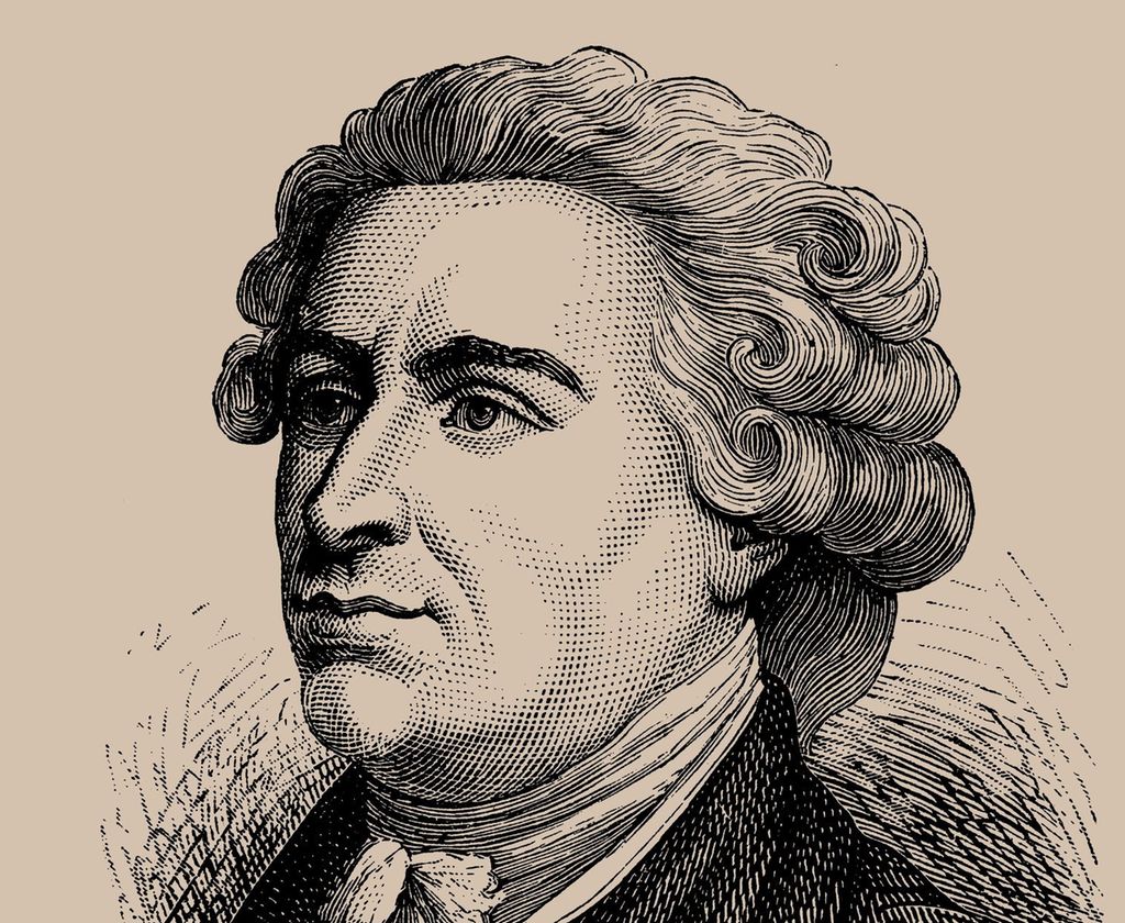 Tegnet portrett av Burke. Han har parykk med krøller og et tørkle i halsen.