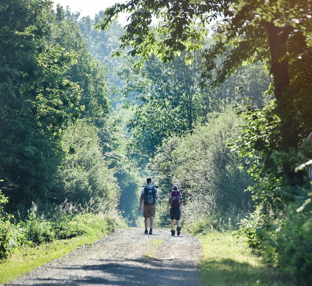 To ungdommer med ryggsekk på tur i skogen. Foto.