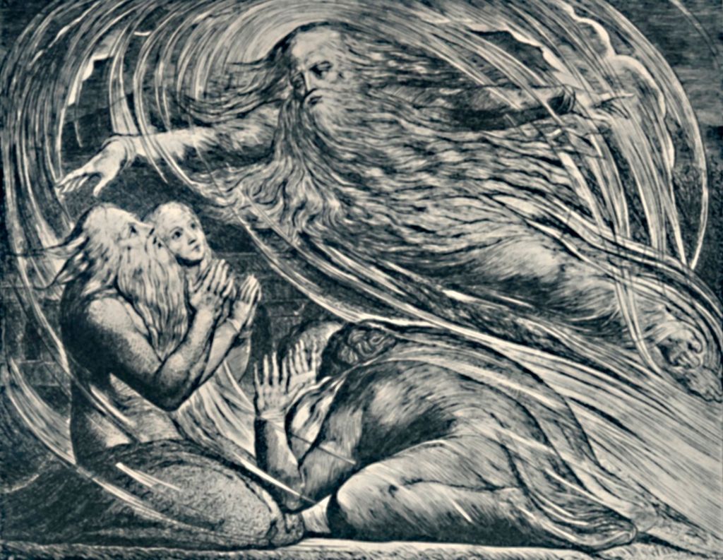 Illustrasjon av William Blake fra 1825. Fra Jobs bok i Bibelen der Gud svarer Job ut av en storm.