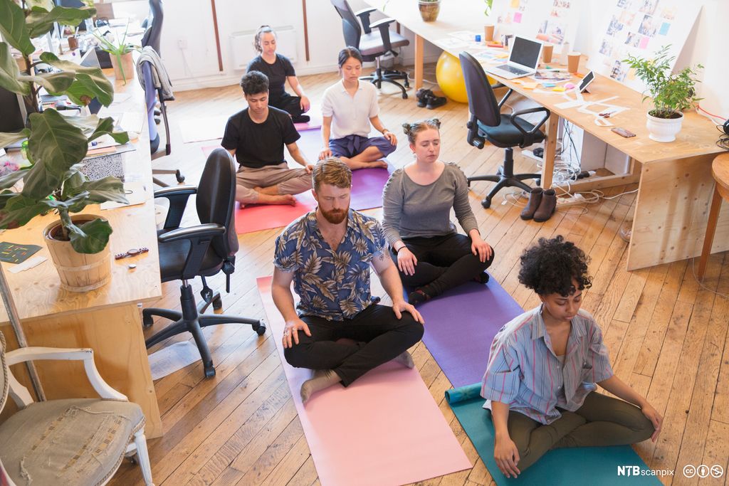 Kolleger sitter på gulvet på kontoret og mediterer. Foto.
