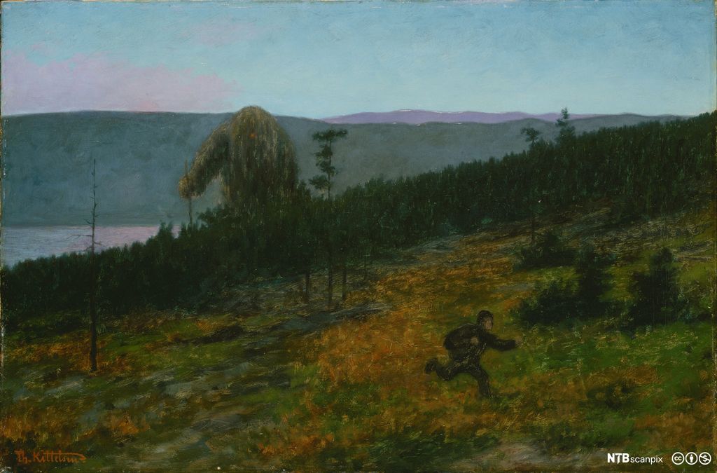 Maleri av Theodor Kittelsen som viser Askeladden i fullt sprang over ei hei, med et stort troll etter seg. Maleri.