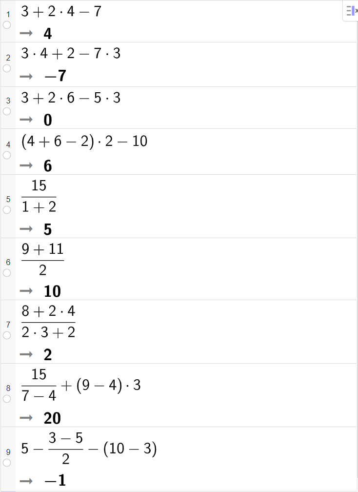 CAS-utrekning med GeoGebra. Oppgåvene 1.1.2 a til og med 1.1.2 i er rekna ut på kvar si linje. Skjermutklipp.