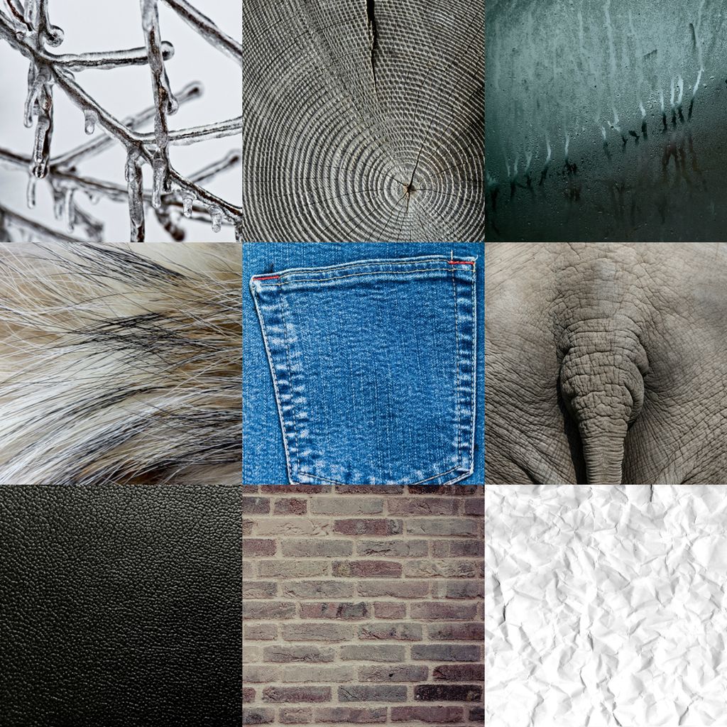 Fotomontsje av ni bilder som viser ulike teksturer. Kollasj.