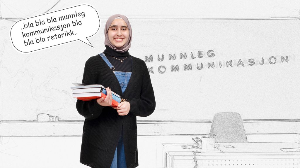Elev står med ein stabel bøker i hendene framfor ei tavle. I ei snakkeboble står det: ... bla, bla, bla munnleg kommunikasjon bla bla bla retorikk ... På tavla står det skrive: MUNNLEG KOMMUNIKASJON. Foto.