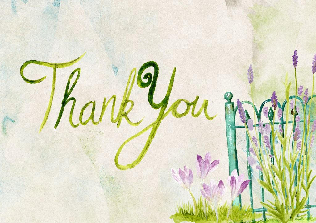 Maleri av blomster og et gjerde med teksten "Thank you" skrevet med løkkeskrift. Maleri.