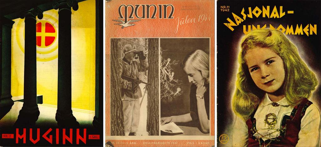 Forsidene til tidsskriftene Hugin, Munin og Nasjonalungdomen. Faksimile.