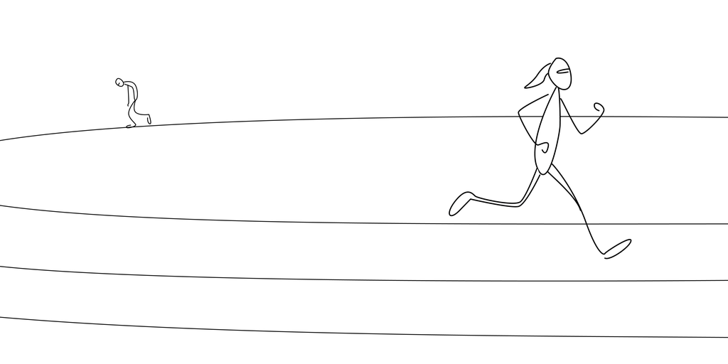 Jente som løper fort, og mann som går sakte. Illustrasjon. 