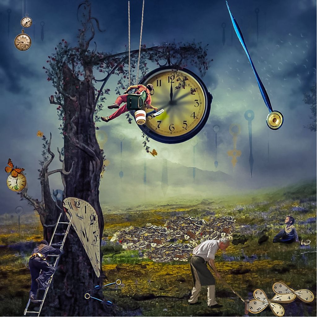 Tre urmakere som reparerer digre urskiver. Illustrasjon.