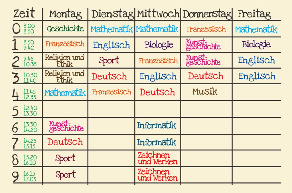 Timeplan med navn på fag på tysk: Geschichte, Französisch, Religion und Ethik, Mathematik, Kunstgeschichte, Deutsch, Sport, Englisch, Informatik, Zeichnen und Werken, Musik, Biologie. Ilustrasjon. 