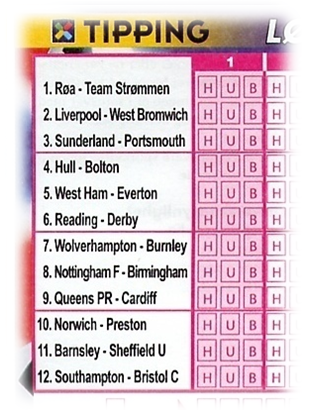 Utsnitt fra tippekupong som viser en tabell over 12 ulike fotballkamper, for det meste med engelske lag. Til høyre kan man krysse av for H, U eller B på alle kampene. Foto.