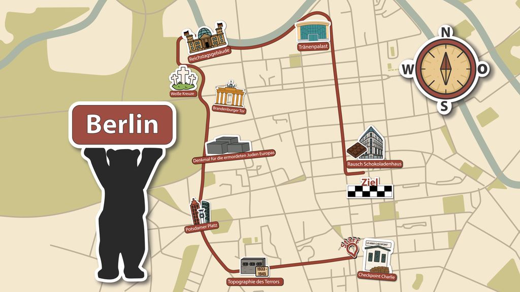 Illustrert kart over Berlin med ei rød rute mellom ni historiske stoppesteder, blant annet Brandenburger Tor, Reichstagsgebäude og Checkpoint Charlie. En Berlin-bjørn holder et skilt med teksten “Berlin”, og et kompass vises øverst til høyre.