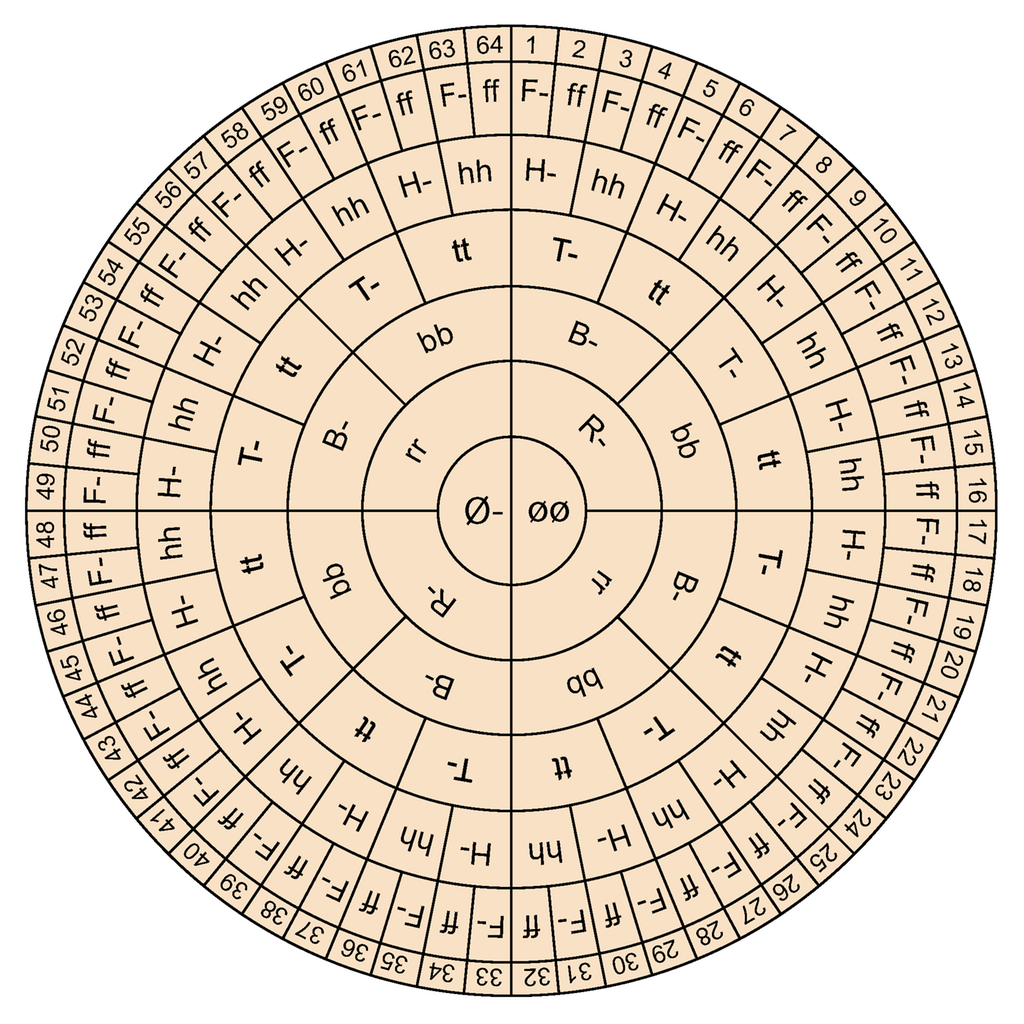 Figuren viser et genetisk hjul som deles inn i 64 felter ytterst. Hjulet har seks konsentriske ringer fra sentrum og utover som brukes til å kartlegge egenskaper. Den innerste ringen representerer et valg mellom frie øreflipper vist med stor bokstav Ø eller fastvokste øreflipper vist med to små bokstaver ø. Ring 2 representerer et valg mellom evne til å rulle tunga vist med stor bokstav R eller ikke rulle tunga vist med to små bokstaver r. Ring 3 representerer et valg mellom bøyd lillefinger vist med stor bokstav B eller rett lillefinger vist med to små bokstaver b. Ring 4 representerer et valg mellom rett tommel vist med stor bokstav T eller haiketommel vist med to små bokstaver t. Ring 5 representerer et valg mellom hår på fingrene vist med stor bokstav H eller ikke hår på fingrene vist med to små bokstaver h. Den sjette ringen representerer et valg mellom fregner vist med stor bokstav F eller ikke fregner vist med to små bokstaver f. Ytterst står tallene fra 1 til 64.