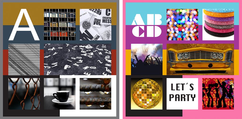 To moodboard. Det ene har bilder i jordfarger, blant annet av en stor A, bokstaver strødd på bakken, en kaffekopp, nærbilde av metallgjerde og metallstenger. Det andre har bilder i sterke farger, blant annet av ei diskokule, folk som danser og teksten Let's party. Illustrasjon. 