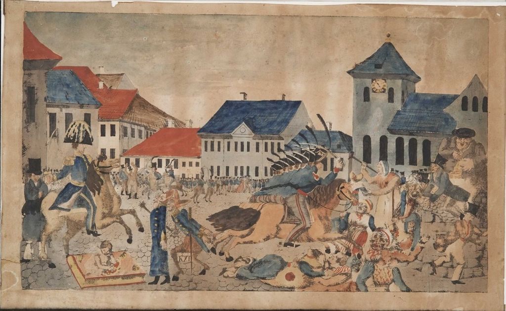 Maleri av det såkalte torgslaget 17. mai 1829. Torget er fylt av  ridende militære med hevede sabler, men også av borgere i vanlige klær, både kvinner og menn. Maleri.