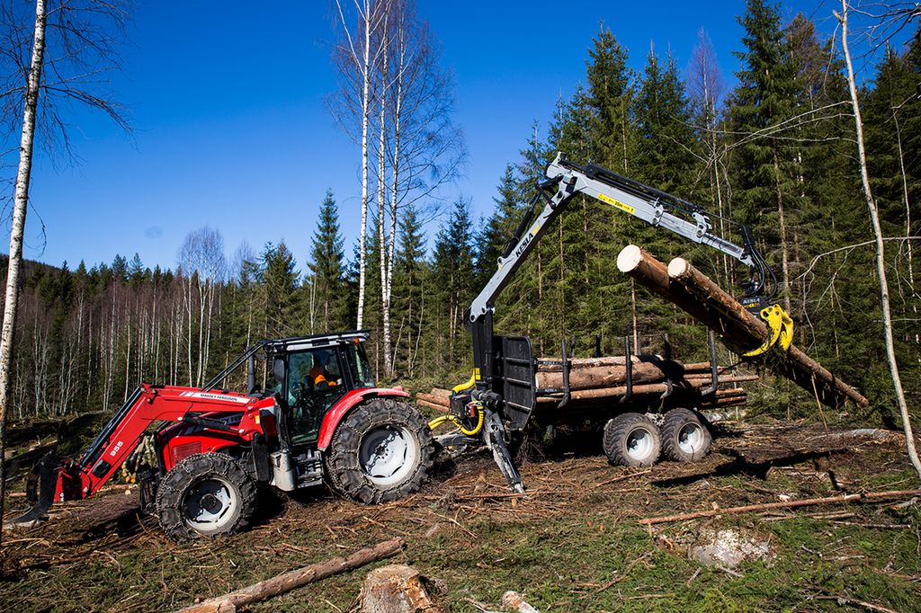 Krana på en tømmerhenger plukker opp to tømmerstokker i et hogstfelt. Foto.